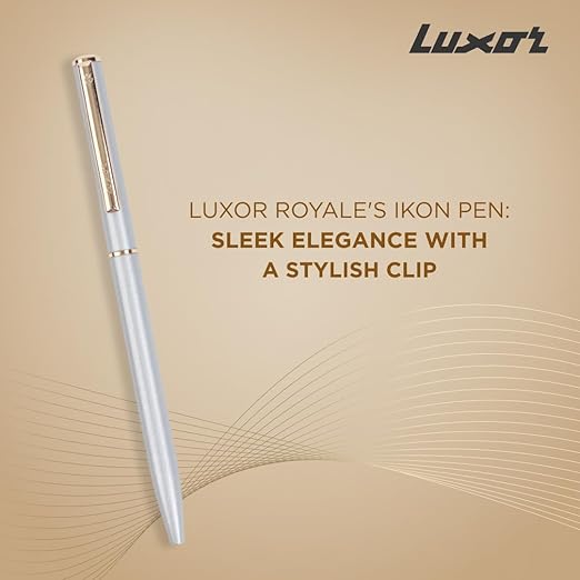 Luxor Royale, Ikon, Ball Pen, Pack of 1, Metallic Shiny Silver Body, Ink Colour- Blue, Gold Trim, Stylish Clip, Sleek & Elegant, The Ultimate Choice For Professional Gifting - Image 2