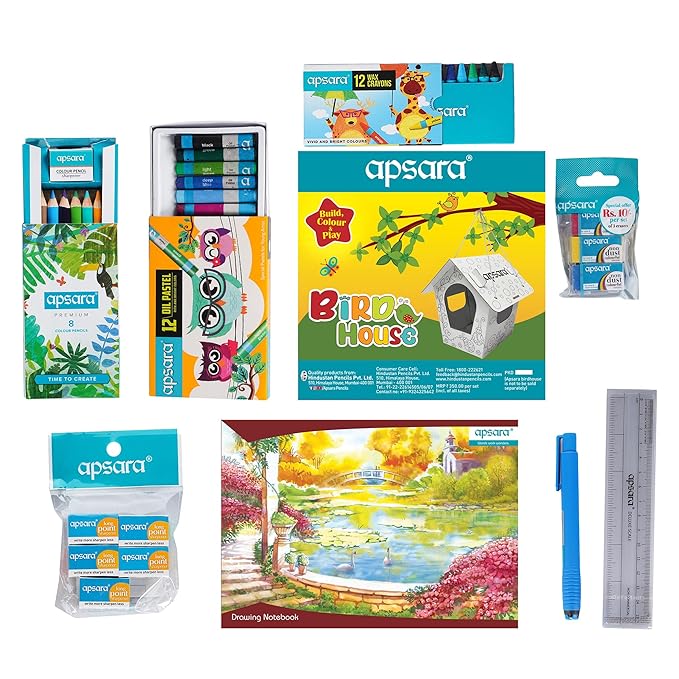 Apsara Stationery Bag Kit-DIY House,Premium Colour Pencils, Matt Magic 2.0 Pencils, Water Colour Tube, Wax Crayon, Oil Pastel, Mechano Eraser, Tidy up Sharpner-Eraser Combo - Image 2