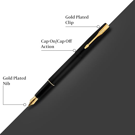 Parker Frontier Fountain Pen | Matte Black Body with Gold Trim | Blue Color Ink | Refillable Fine Nib Pen for Smooth Writing | A Premium Writing Experience for Everyone - Image 2