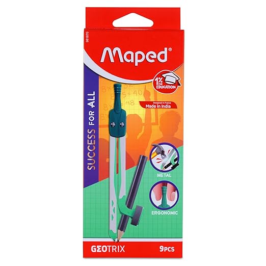 Maped Geotrix Geometry Box for Students- 9pcs Math Set|Geometry kit with Die -Casted Instruments|Innovative Reusable Metal Compass Box|Long Lasting & Strong|Mathematical Instrument Box for School Kids - Image 3