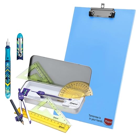 Maped StudyMate Exam Kit-Set of 3|9pcs Compass Set with MDF Pastel Color Clipboard & Fountain Pen | Complete Study Set for School Exams & Students| Ideal for Drawing, Drafting & Writing Essentials - Image 2