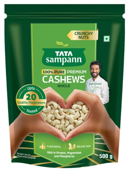Tata Sampann Pure Cashews Whole/Kaju, 500g, Nutritious & Delicious, Premium Kaju nuts, Rich in Protein, Magnesium & Phosphorus, Deluxe Size & Crunchy Nuts