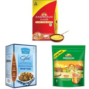 Aashirvaad Pure Cow Ghee, Mother Dairy Pure Healthy Ghee and Tata Tea Premium | 1L + 1 L + 5kg