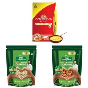 Aashirvaad Pure Cow Ghee, Tata Sampann Pure Cashews Whole/Kaju and Tata Sampann Pure California Almonds/Badam Whole | 1L + 500g + 500g