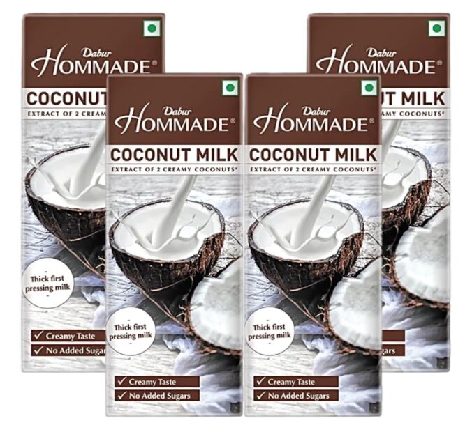 Dabur Hommade Coconut Milk - 800ml (200ml x 4) | Extract of 2 Creamy Coconuts | No Added Sugar | Creamy Taste