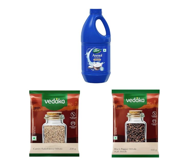 Dabur Anmol Gold 100% Pure Coconut Oil - 1 L (915) || Amazon Brand - Vedaka Whole Jeera (Cumin), 200g || Amazon Brand - Vedaka Black Peppercorn (Kali Mirch), 100g