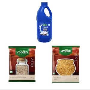 Dabur Anmol Gold 100% Pure Coconut Oil - 1 L (915) || Amazon Brand - Vedaka Whole Jeera (Cumin), 200g || Amazon Brand - Vedaka Popular Unpolished Toor Dal | 1 Kg