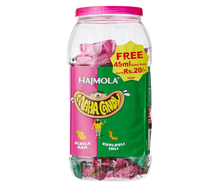 Hajmola Maha Candy Jar, Aam and Imli, 455g (130 Pieces) with free 45 ml Dabur Amla worth Rs 20/- Inside the Jar