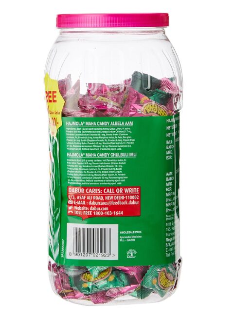 Hajmola Maha Candy Jar, Aam and Imli, 455g (130 Pieces) with free 45 ml Dabur Amla worth Rs 20/- Inside the Jar - Image 2