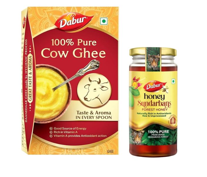 Dabur 100% Pure Cow Ghee - 1l (902g) | Daanedaar with Rich Aroma | Rich in Vitamin A | Provides Energy/Source of Energy & Honey Sundarbans-500Gm