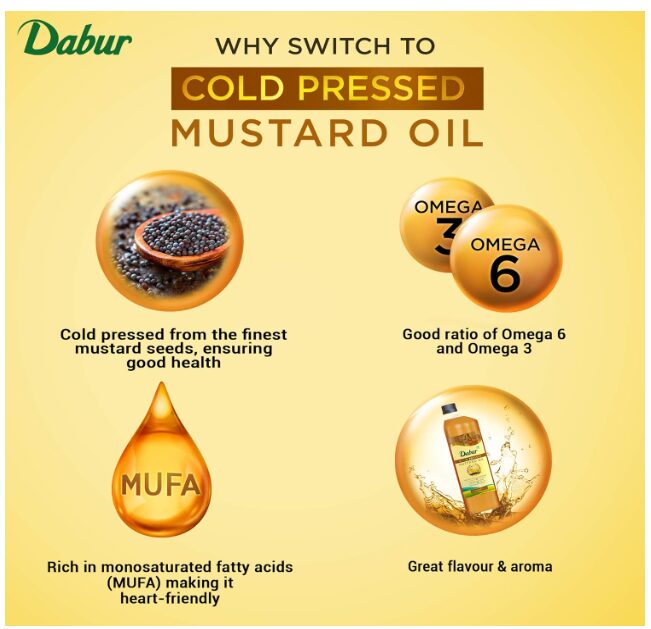 Dabur Cold Pressed Mustard Oil 1L | Healthy Cooking Oil | Goodness of Omega 3 & 6 | Perfect blend of Health, Taste & Aroma - Image 2