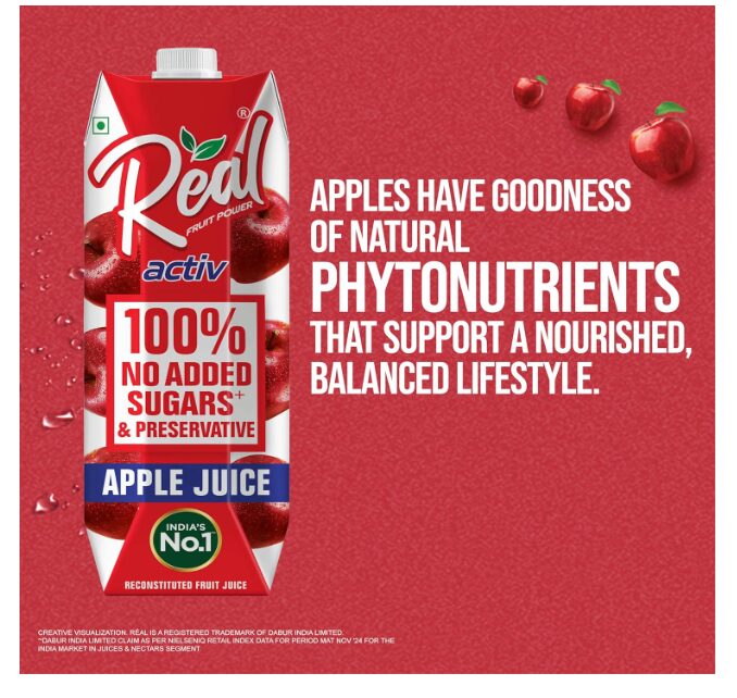 DABUR Real Activ 100% Apple Juice with No Added Sugar or Preservatives -1L (Pack of 2) - Image 2