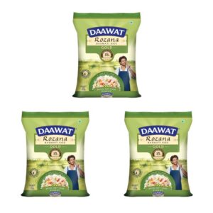 Daawat Rozana Gold Basmati Rice 5Kg| For Everyday Consumption| Cooked Grain Upto 15mm*| Naturally Aged (Pack of 3)