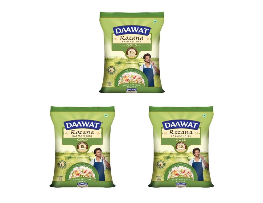 Daawat Rozana Gold Basmati Rice 5Kg| For Everyday Consumption| Cooked Grain Upto 15mm*| Naturally Aged (Pack of 3)