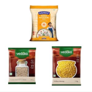 Daawat Sona masuri 5 kg || Amazon Brand - Vedaka Whole Jeera (Cumin), 200g || Vedaka Popular Moong Dal, 1kg