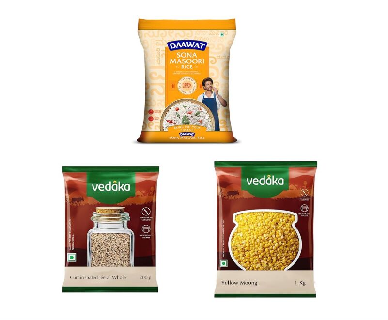Daawat Sona masuri 5 kg || Amazon Brand - Vedaka Whole Jeera (Cumin), 200g || Vedaka Popular Moong Dal, 1kg