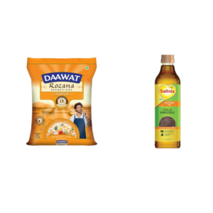 Daawat Rozana Super Basmati Rice 5Kg and Saffola Cold Pressed Mustard Oil | 5Kg + 1L