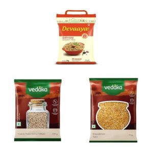Devaaya Biryani Basmati Rice, 5 kg || Amazon Brand - Vedaka Whole Jeera (Cumin), 200g || Amazon Brand - Vedaka Popular Unpolished Toor Dal | 1 Kg Pack