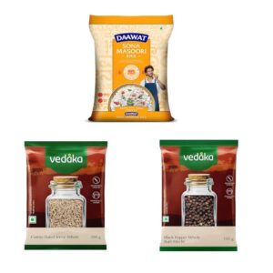Daawat Sona masuri 5 kg || Amazon Brand - Vedaka Whole Jeera (Cumin), 200g || Amazon Brand - Vedaka Black Peppercorn (Kali Mirch), 100g
