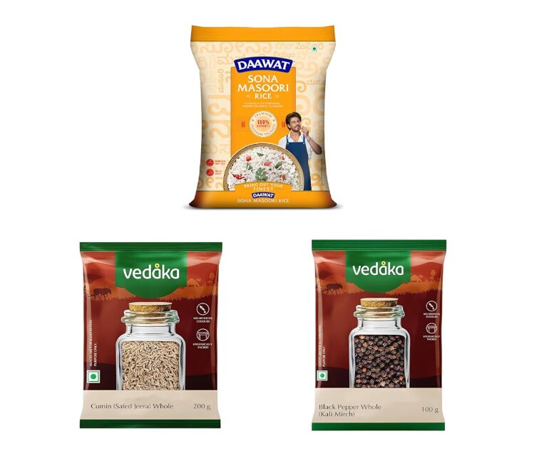 Daawat Sona masuri 5 kg || Amazon Brand - Vedaka Whole Jeera (Cumin), 200g || Amazon Brand - Vedaka Black Peppercorn (Kali Mirch), 100g