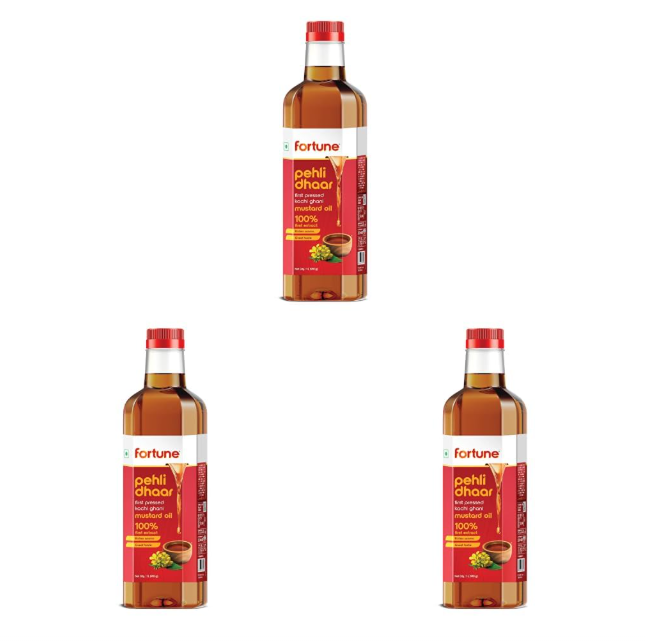 Fortune Pehli Dhaar First Pressed Kachi Ghani Mustard Oil 1 L (Pack of 3)