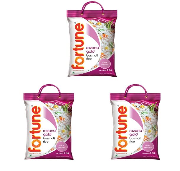Fortune Rozana Gold Basmati Rice 5Kg | Cooked grain upto 15 mm | Fluffy, Non-Sticky Rice | Everyday Basmati Rice (Pack of 3)