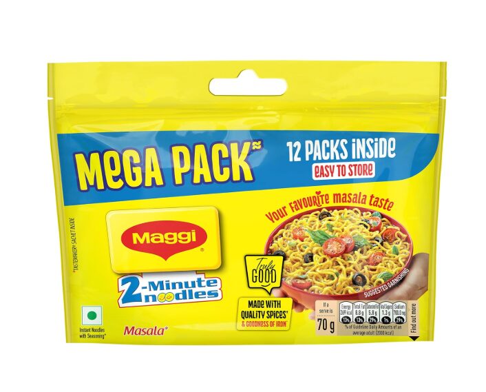 MAGGI 2-Minute Instant Noodles, Favourite Masala Taste, Masala Noodles With Goodness Of Iron, Made With Choicest Quality Spices, 840/900g Pouch (Pack of 12, 70/75g each) (weight may vary)