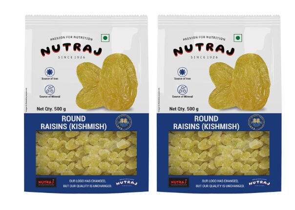 Nutraj Round Raisins 1kg (500g x 2) Pouch | Kishmish | Kismis | Dry Fruits and Nuts | Grocery Items.