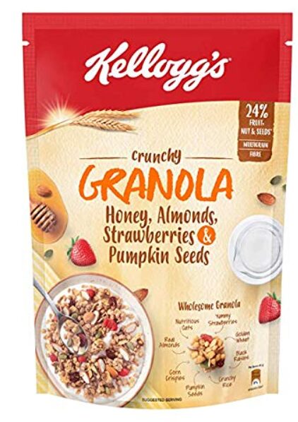 Kellogg's Crunchy Granola Honey, Almonds, Strawberries & Pumpkin Seeds 450g | 24% Fruit, Nut & Seeds, Baked Multigrain | Source of Fibre | Breakfast Cereal