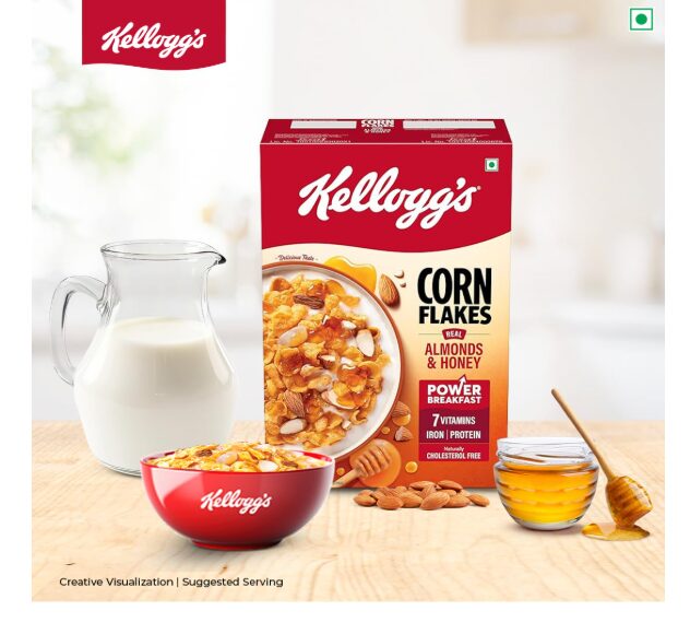 Kellogg's Corn Flakes Real Almond Honey 300g| High in Iron, Vitamin B1, B2, B3, B6 & C | Naturally Cholesterol Free | Corn Flakes, Breakfast Cereal - Image 2