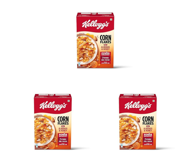 Kellogg's Corn Flakes Real Almond Honey 300g| High in Iron, Vitamin B1, B2, B3, B6 & C | Naturally Cholesterol Free | Corn Flakes, Breakfast Cereal (Pack of 3)