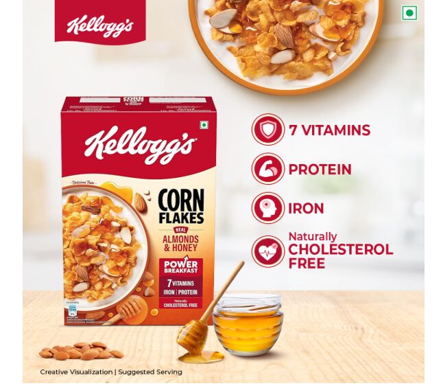 Kellogg's Corn Flakes Real Almond Honey 300g| High in Iron, Vitamin B1, B2, B3, B6 & C | Naturally Cholesterol Free | Corn Flakes, Breakfast Cereal (Pack of 3) - Image 2