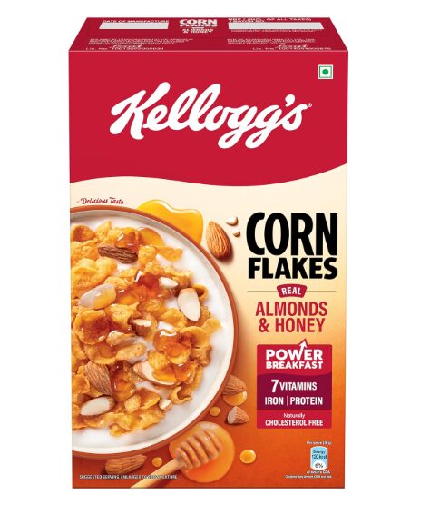 Kellogg's Corn Flakes Real Almond Honey 650g | High in Iron, Vitamin B1, B2, B3, B6 & C | Naturally Cholesterol Free | Corn Flakes, Breakfast Cereal