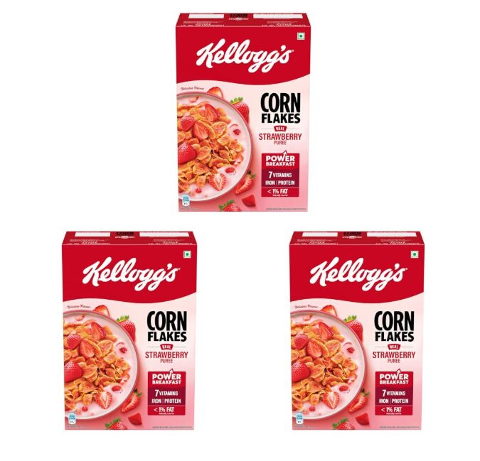 Kellogg's Corn Flakes with Real Strawberry Pure | High in Iron, Vitamins B1, B2, B3, B6, C | Corn Flakes, Breakfast Cereal | Naturally Cholestrol Free, 300g / 345g (Weight May Vary) (Pack of 3)