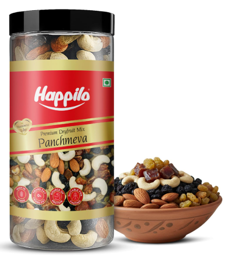 Happilo Premium Panchmewa Dry Fruit Mix 405g Jar | Fit for Fasting | Healthy Snacks Mixed Nuts Dates | Golden Raisins | Afghan Raisins | Cashews | California Almonds