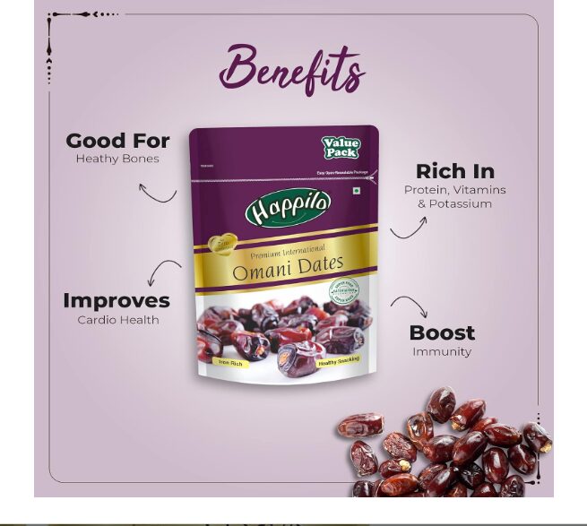 Happilo Premium International Omani Dates 500g | Healthy snacks, Dry fruits, Khajoor, Khajur, Nutritious| Rich in Vitamins & Minerals | Natural Sweetener (Pack of 2) - Image 2