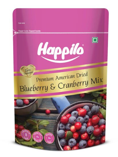 Happilo Premium Dried Blueberry Cranberry Duet 200 grams Pack | Healthy Snacks, Dry fruits|Dried Cranberries & Blueberries Mix | Natural Real Dried Berries | Low Calorie Snack