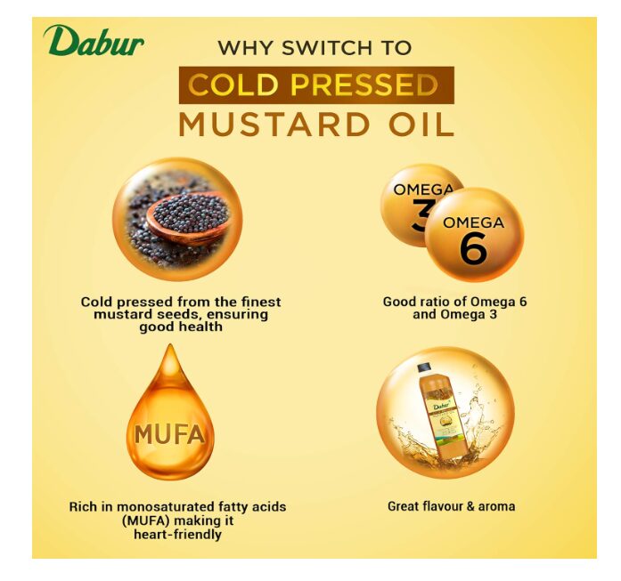 Dabur Cold Pressed Mustard Oil 1L | Healthy Cooking Oil | Goodness of Omega 3 & 6 | Perfect blend of Health, Taste & Aroma - Image 2