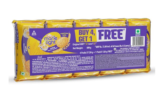 Sunfeast Marie Light Active, Marie Biscuits with Iron and 6 Vitamins, Tea-Time Biscuits Family Pack, 120g 4 in 1 Pack.