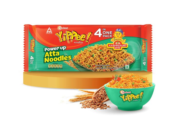 Sunfeast Yippee! Power Up Atta Noodles,Made with Aashirvaad Atta,Long,Non-Sticky,Instant Noodles,Delicious & Nutritious Snack,4 In 1 Pack,Vegetarian, 280 Gm/298 gm( weight may vary)