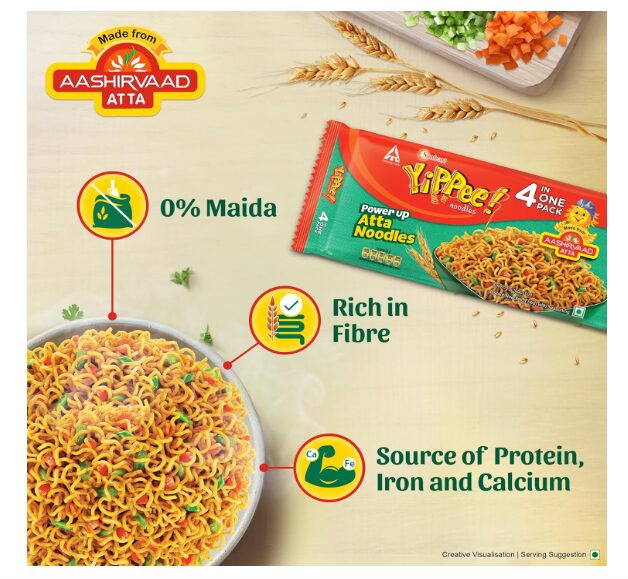 Sunfeast Yippee! Power Up Atta Noodles,Made with Aashirvaad Atta,Long,Non-Sticky,Instant Noodles,Delicious & Nutritious Snack,4 In 1 Pack,Vegetarian, 280 Gm/298 gm( weight may vary) - Image 2