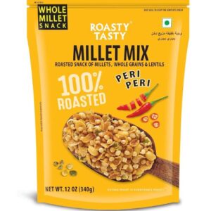 Roasty Tasty Millet Mix Peri Peri 340g | Healthy Snack of Roasted Bajra, Wheat Flakes, Moong, Masoor, Peanuts Ideal Millet Namkeen for Kids & Adults | Low Calorie Snacks - Roasted Namkeen - No Cholesterol, No Transfat Diet Mixture in Peri Peri Masala | Millet Snacks Items