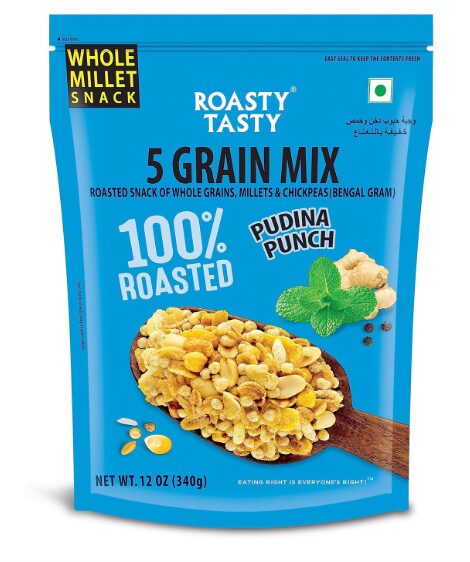 Roasty Tasty 5 Grain Mix Multigrain Mixture Roasted Snack 340g | Healthy Snack | Palm Oil Free Namkeen | Ideal Millet Namkeen for Kids & Adults | Low Calorie Snacks - Roasted Namkeen - No Cholesterol, No Transfat Diet Mixture | Roasted Namkeen| Made with Bajra Puffs & Jowar Flakes