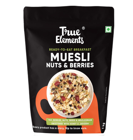 True Elements Crunchy Nuts & Berries Muesli 1kg - With 13g Clean Protein | Almonds, Seeds & Real Cranberries | With Jowar Millets | Crunchy Wholegrain Muesli | No Added Refined Sugar
