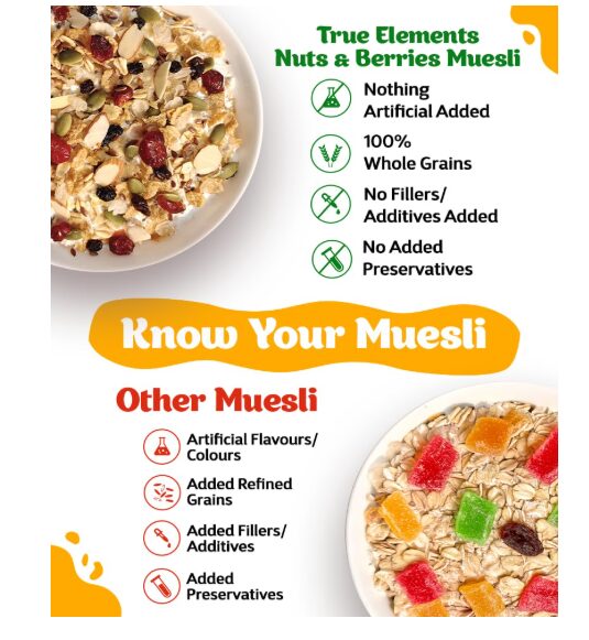 True Elements Crunchy Nuts & Berries Muesli 1kg - With 13g Clean Protein | Almonds, Seeds & Real Cranberries | With Jowar Millets | Crunchy Wholegrain Muesli | No Added Refined Sugar - Image 2