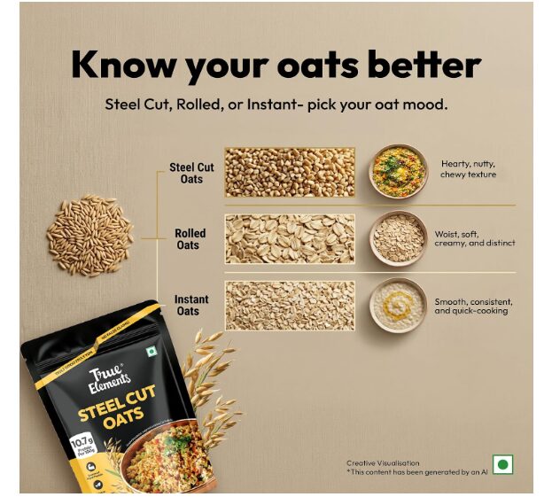 True Elements Steel Cut Oats 500g | Sugar Free Oats | Healthy Breakfast | 100% Wholegrain | Diabetic Friendly Oats | Breakfast Cereal - Image 2