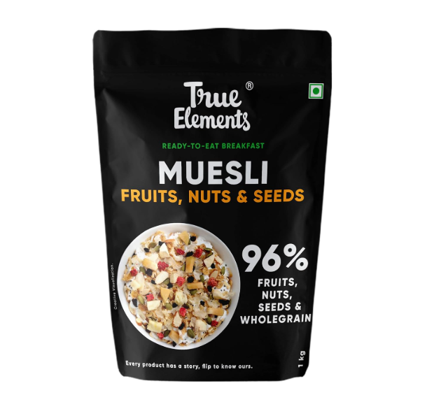 True Elements Muesli Fruit and Nuts 1kg - With Real Fruits & Almonds | 100% Wholegrain Muesli with Oats, Almonds | Real Freeze-dried fruits, Not Candied | Breakfast Cereal | High Fibre & Nutrient-Rich blend