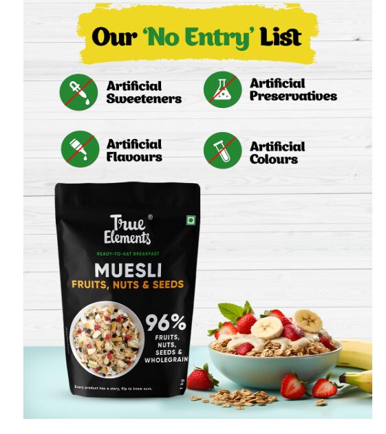 True Elements Muesli Fruit and Nuts 1kg - With Real Fruits & Almonds | 100% Wholegrain Muesli with Oats, Almonds | Real Freeze-dried fruits, Not Candied | Breakfast Cereal | High Fibre & Nutrient-Rich blend - Image 2