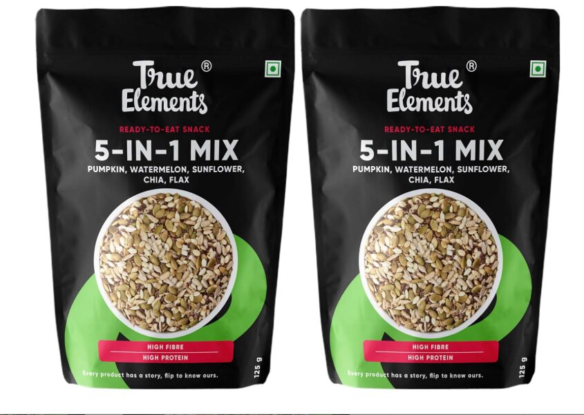 True Elements 5 in 1 Super Seeds Mix 125g - Roasted Sunflower, Pumpkin, Flax, Watermelon & Chia Seeds, Healthy Snacks for Weight Loss (Pack of 2)