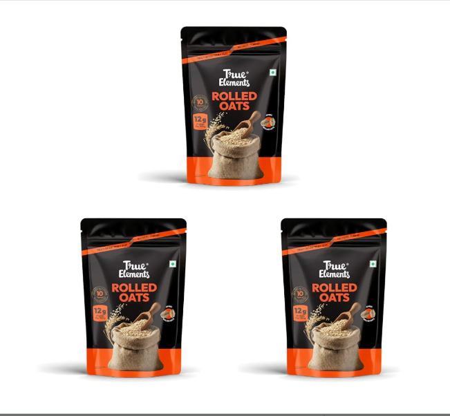 True Elements Rolled Oats 1.2kg - Monthly pack | Wholegrain High Fibre, High protein Oats | Keeps You Fuller Longer | Perfect for overnight oats, smoothies & baking (Pack of 3)